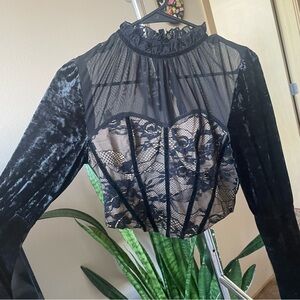 Mesh, velvet, lace corset-like crop top